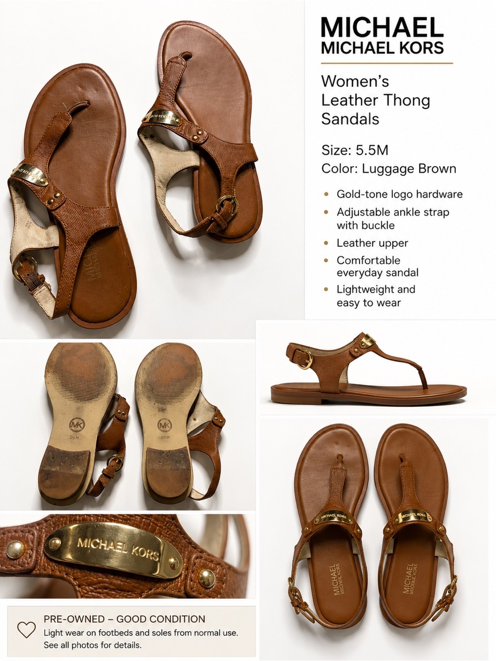 Michael Kors Brown Leather Thong Sandals with Gold Logo Accent
